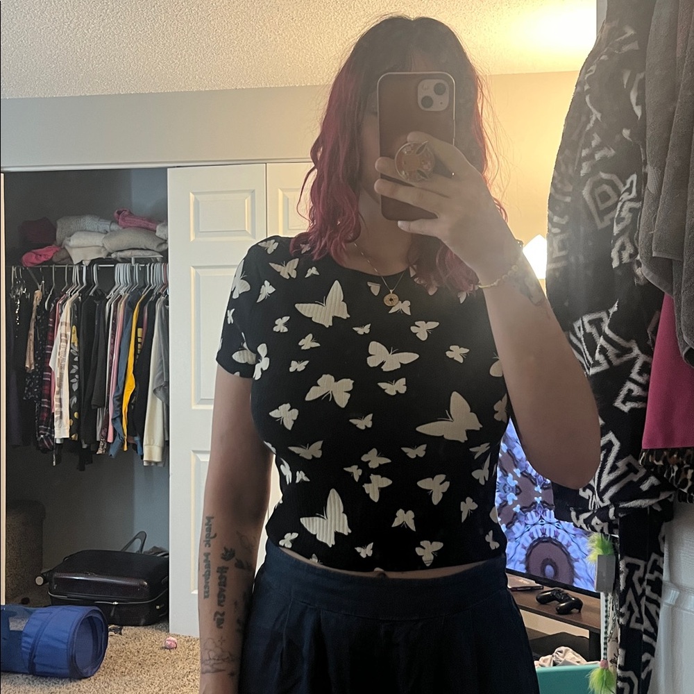 Black Butterfly Print Crop Top